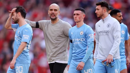 Bernardo Silva Pep Guardiola Phil Foden Aymeric Laporte Man City vs Liverpool FA Cup 2021 22