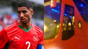 Achraf Hakimi left and screenshot of viral video claiming he drove Morocco team bus