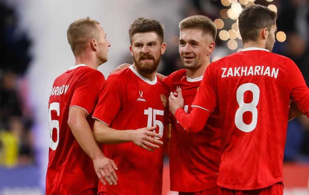 dmitriy barinov danil glebov yuri gorshkov and arsen zakharyan of russia celebrate a goal 1723569722523 e1723597500796