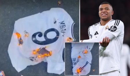 Fan Real Madrid dot ao dau cua Mbappe sieu sao real madrid fan burns kylian mbappe shirt and fume 1732828728 512 width740height435