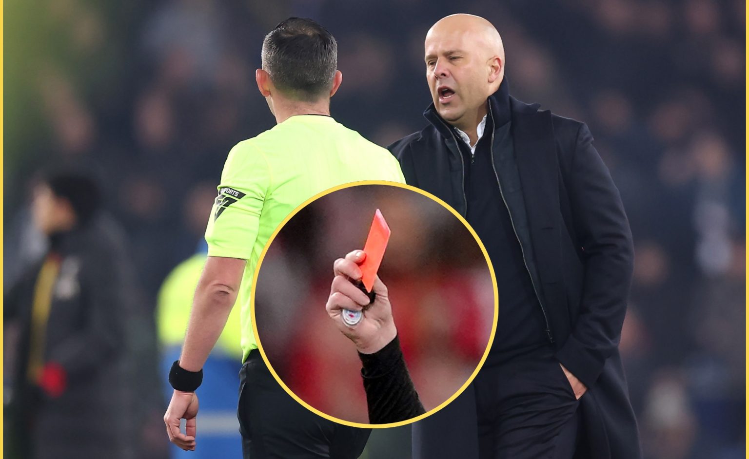 Arne Slot Michael Oliver red card Liverpool Goodison Park e1739492206328